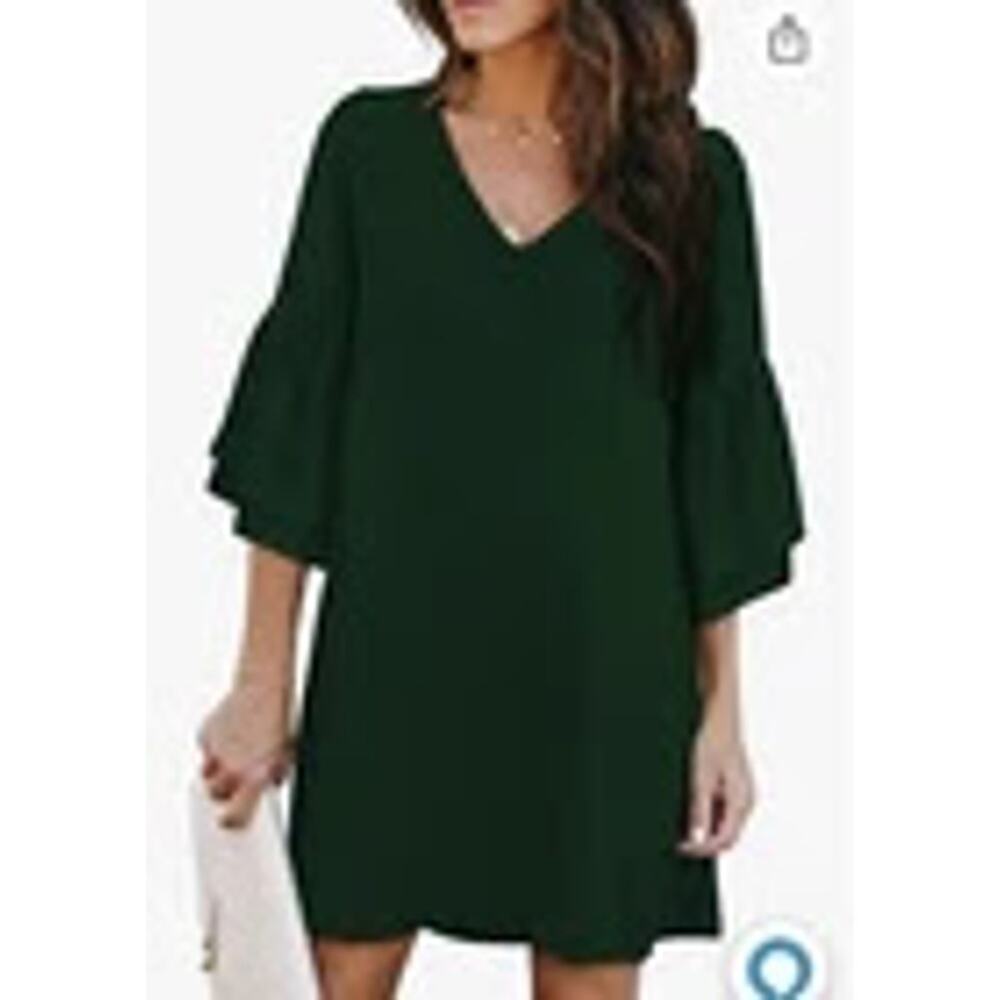Belongsci Women's V-Neck Bell Sleeve Shift Dress Emerald Green Cocktail Event Lg